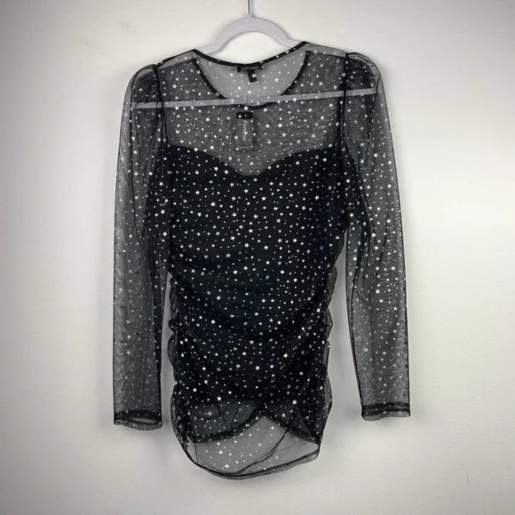NEW Express Black Silver Metallic Stars Sheer Blouse Size Medium - Picture 2 of 6